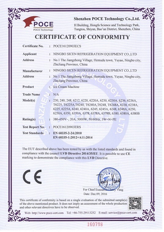 China NingBo Sicen Refrigeration Equipment Co.,Ltd Certificaten